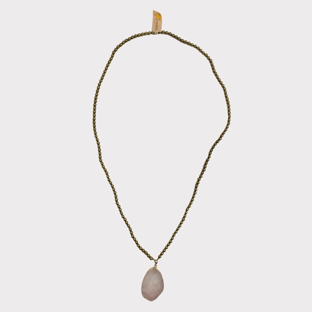 Pink Agate Slice Pendant Gold Rim Beaded‎ Necklace Creative Co-Op